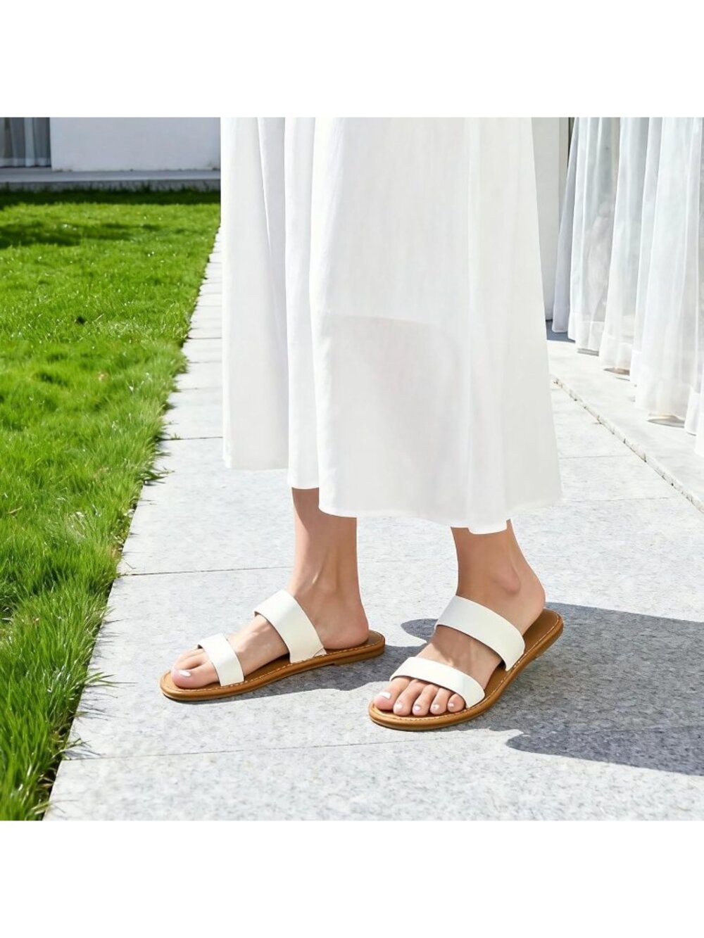 Women's White Two Strap Beach Vacations Casual Slide Slip on Flat Sandal Shoes - Picture 2 of 7